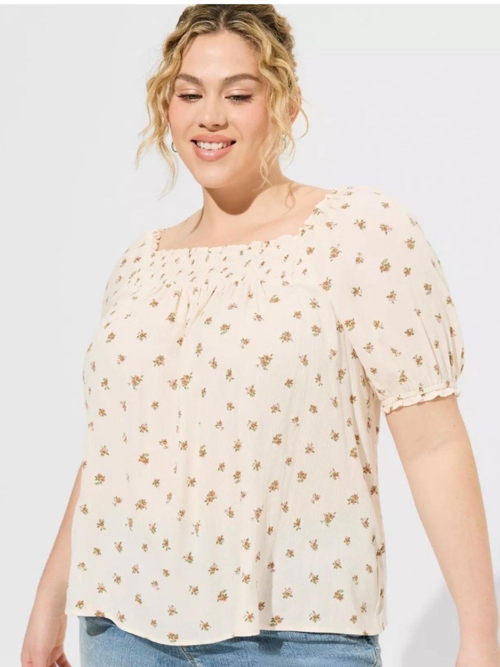 Torrid Cream Floral Smocked Square Neck Blouse Fall Layering 3X